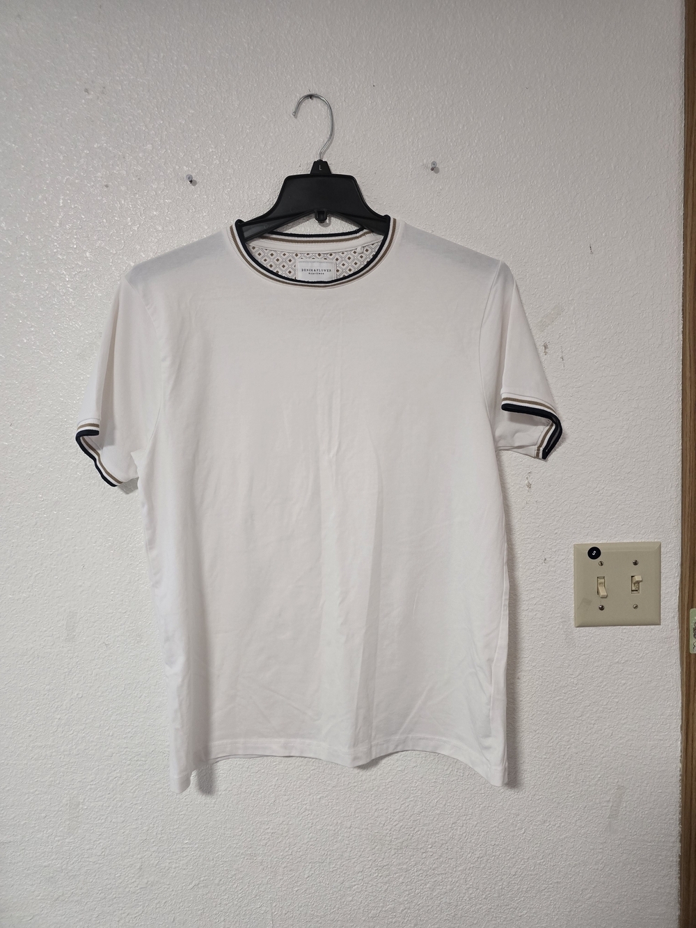 Denim & Flower White Short Sleeve Tee with Black Contrast Trim